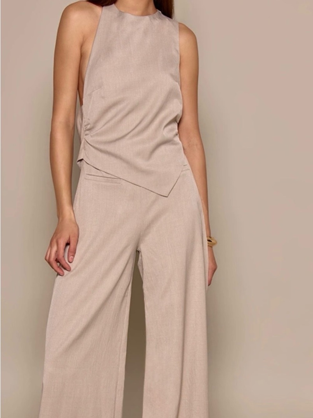 PrettyLittleThing Tailored Woven Cowl Back Jumpsuit Stone US 12 NWT Wide Leg